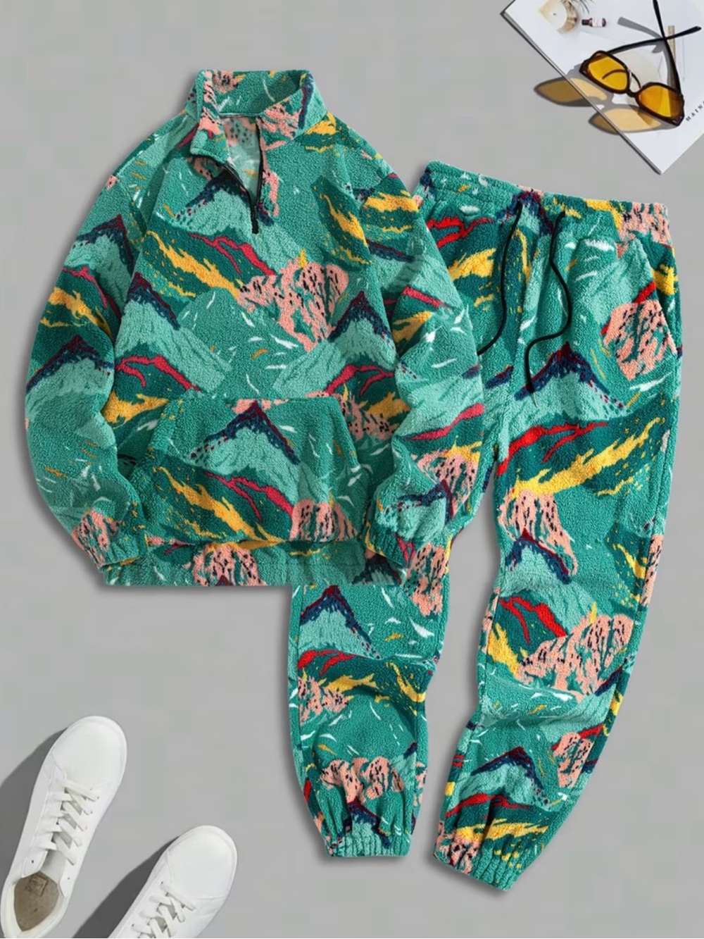 Unisex Sherpa Fleece 2-Piece Set Quarter Zip Pullover & Joggers Green S/M